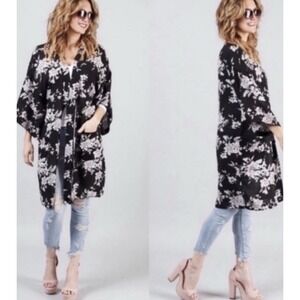 Spiritual Gangster FAB! Maya Kimono‎ Front Tie Pockets on Black Multi Floral O/S